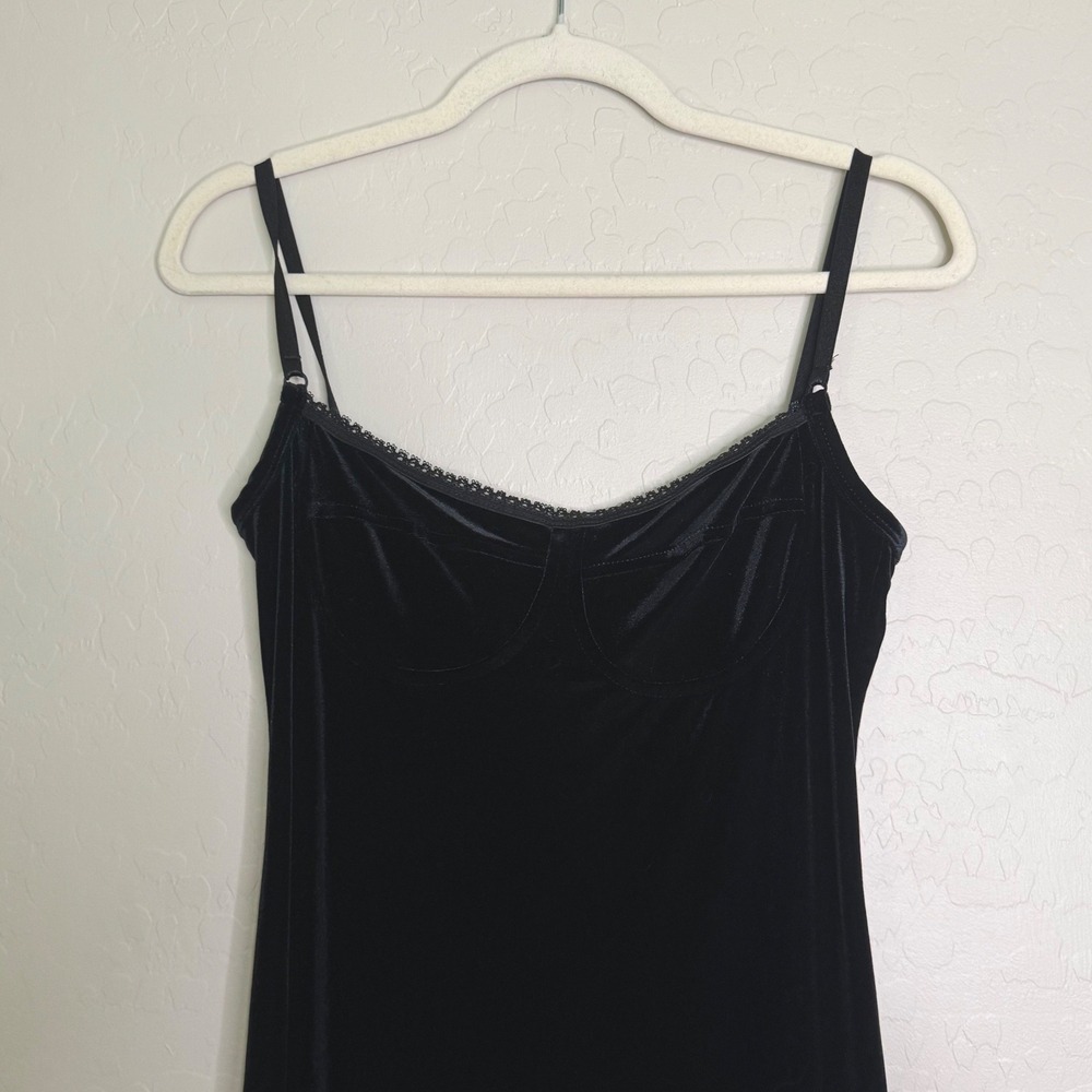 Vintage Women Velvet Maxi Slip Dress Black Lace Trim 90s Goth Evening Whimsigoth